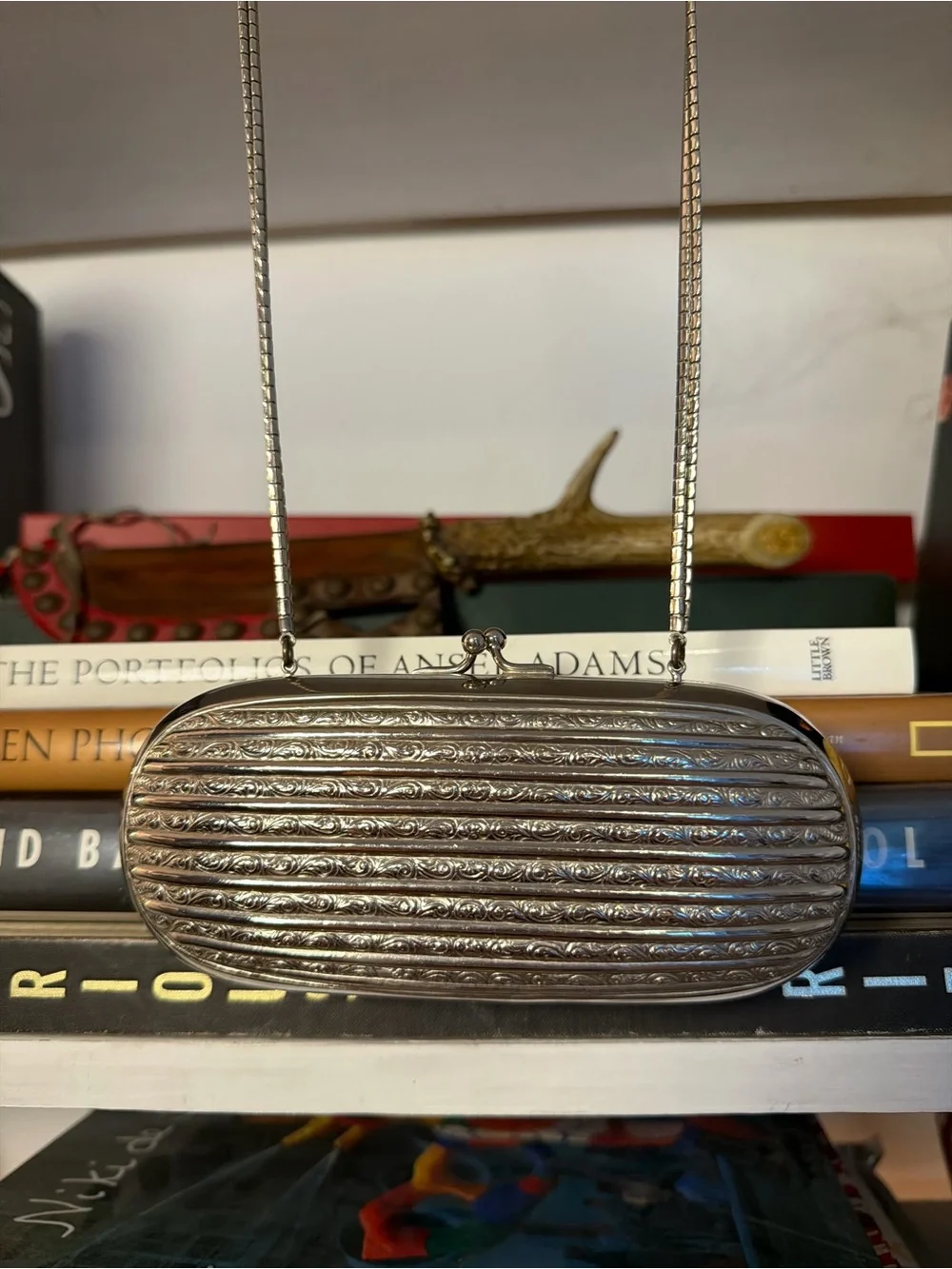Metallic Silver Chain-Handle Storage Purse Organizer